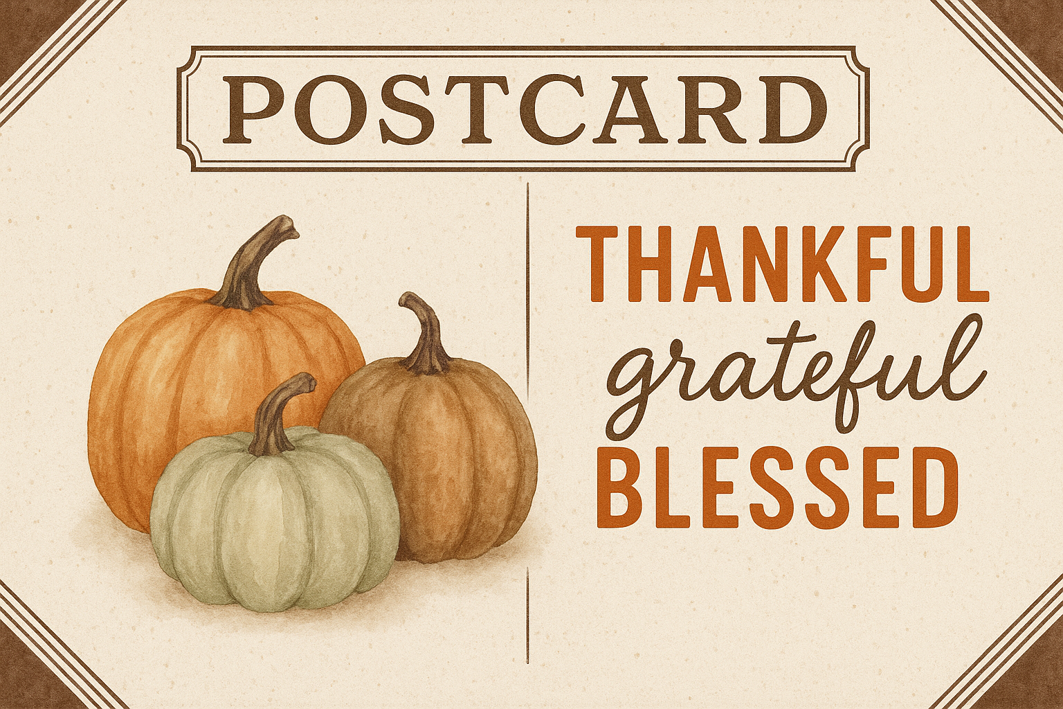 Rustic vintage Thanksgiving postcard with pumpkins and thankful typography