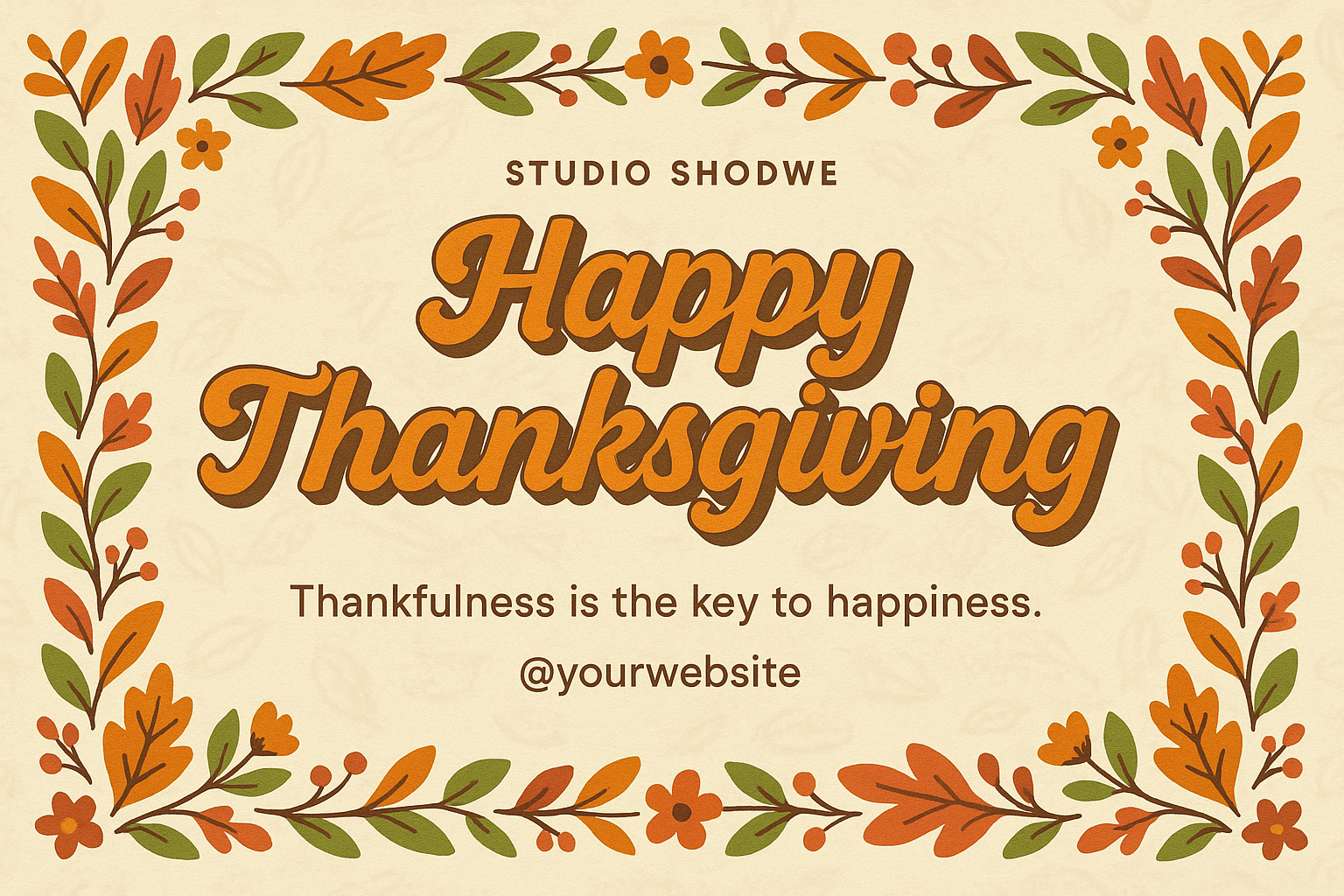 Festive Thanksgiving postcard with Happy Thanksgiving text and autumn leaf border