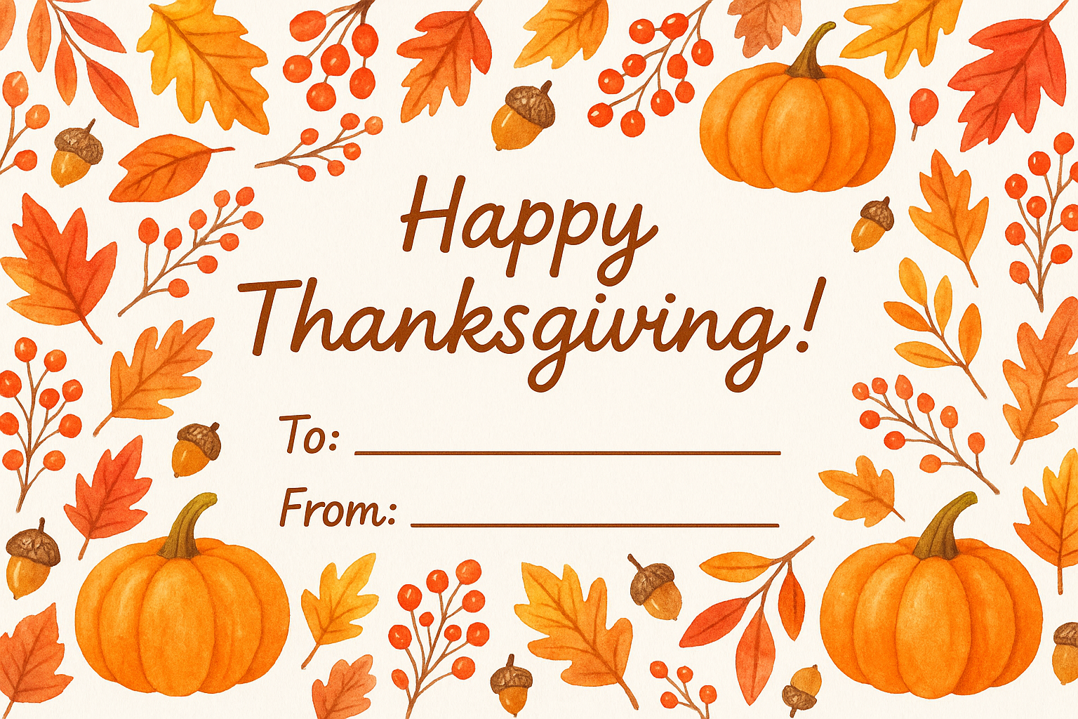 Simple Thanksgiving postcard with watercolor borders and To/From fields