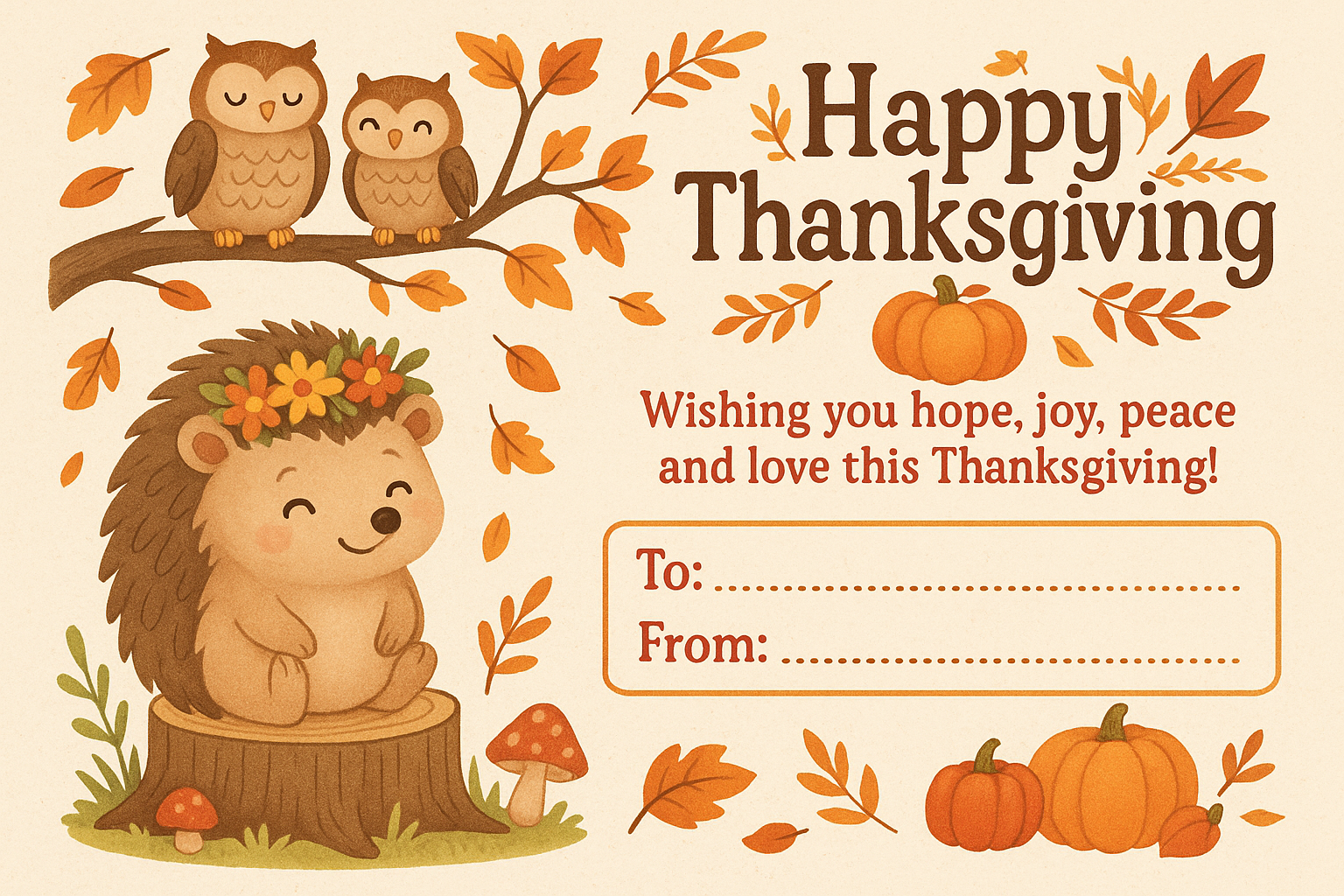 Cute cartoon Thanksgiving postcard with hedgehog, owls, and To/From message