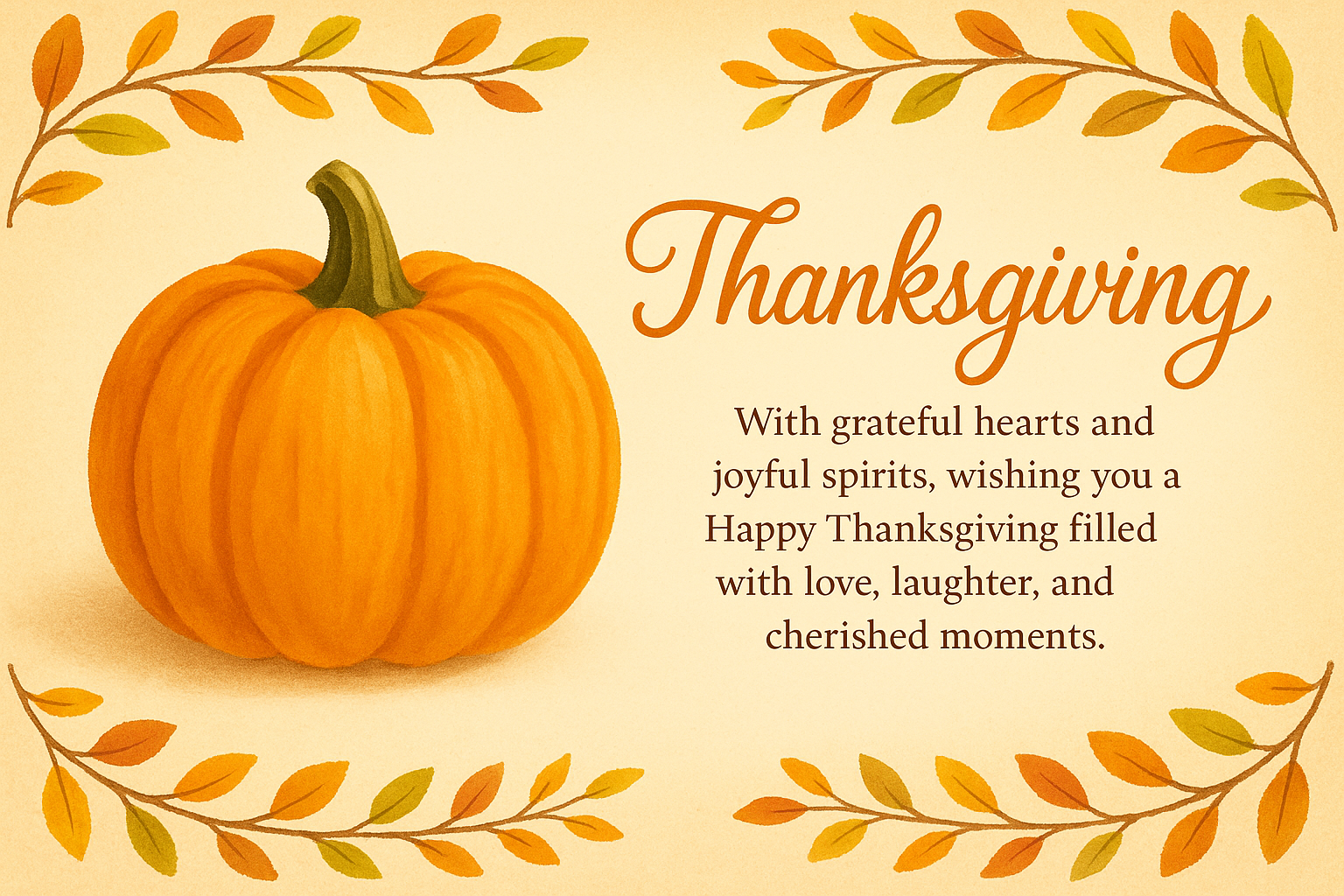 Warm Thanksgiving postcard with pumpkin, leaves, and heartfelt message