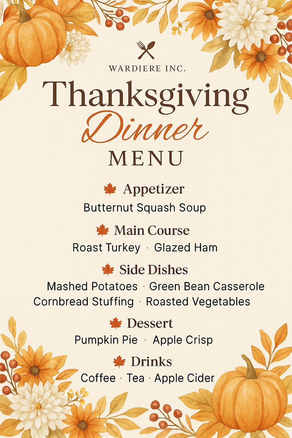 Elegant Thanksgiving dinner menu with watercolor pumpkins and autumn florals