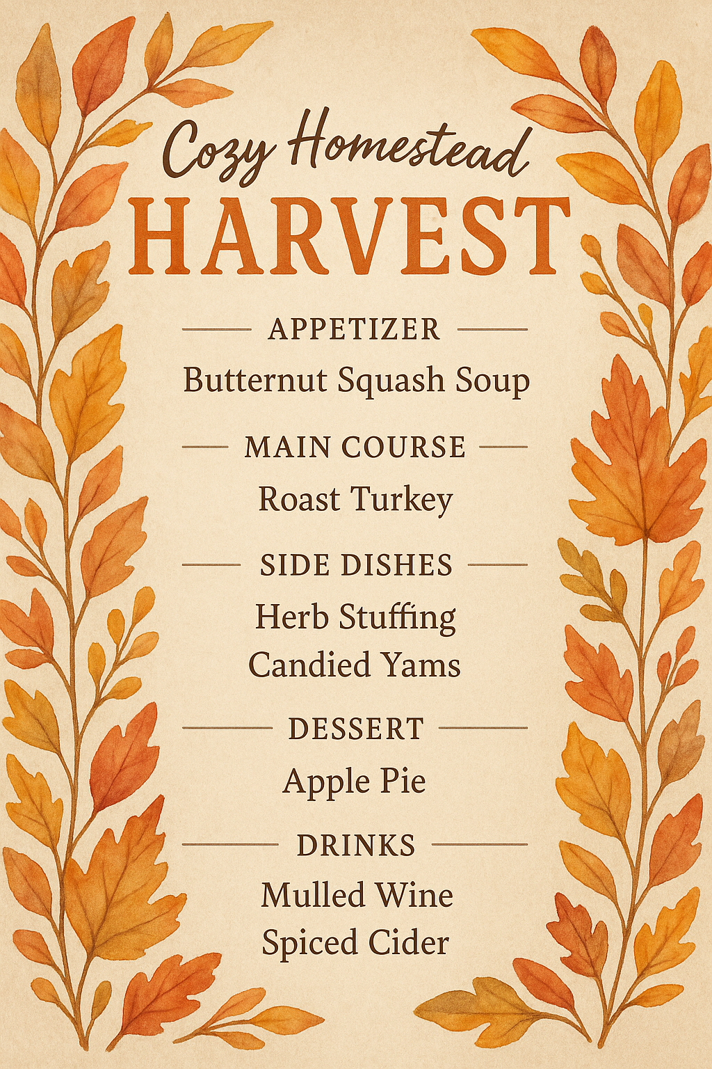 Rustic fall dinner menu with watercolor leaves and cozy harvest theme