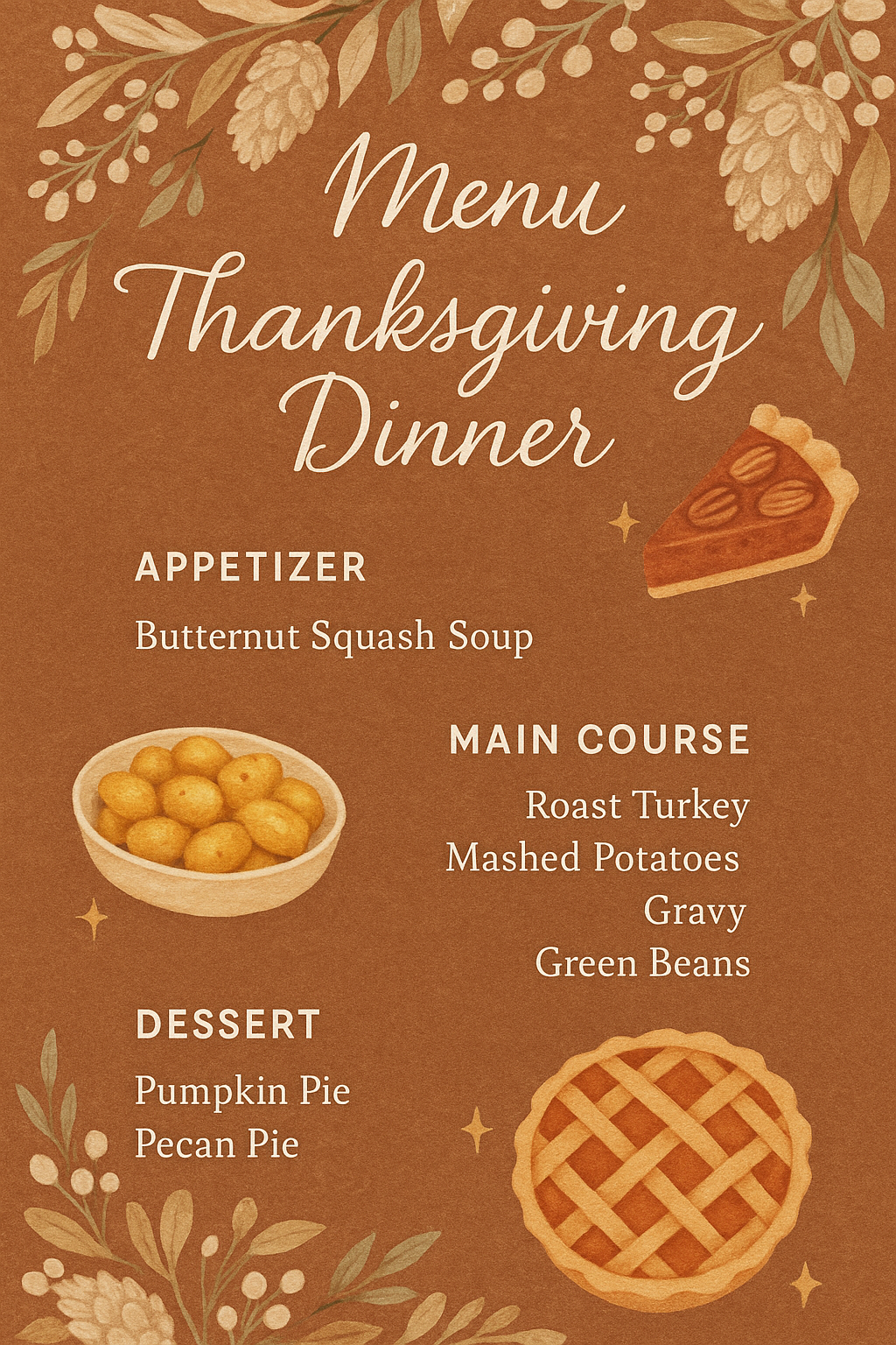 Cozy Thanksgiving dinner menu with brown background and illustrated pies and pinecones
