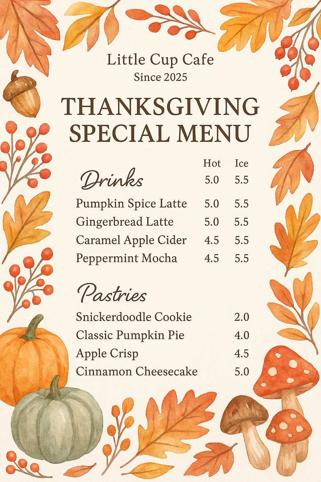 Watercolor Thanksgiving café menu with pumpkins and fall leaves