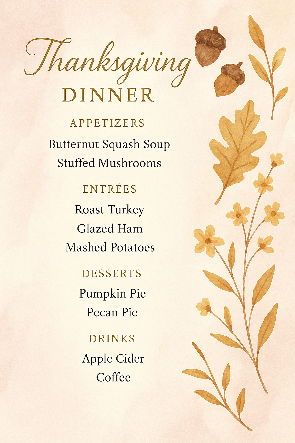 Elegant pastel watercolor Thanksgiving dinner menu with gold text and autumn accents