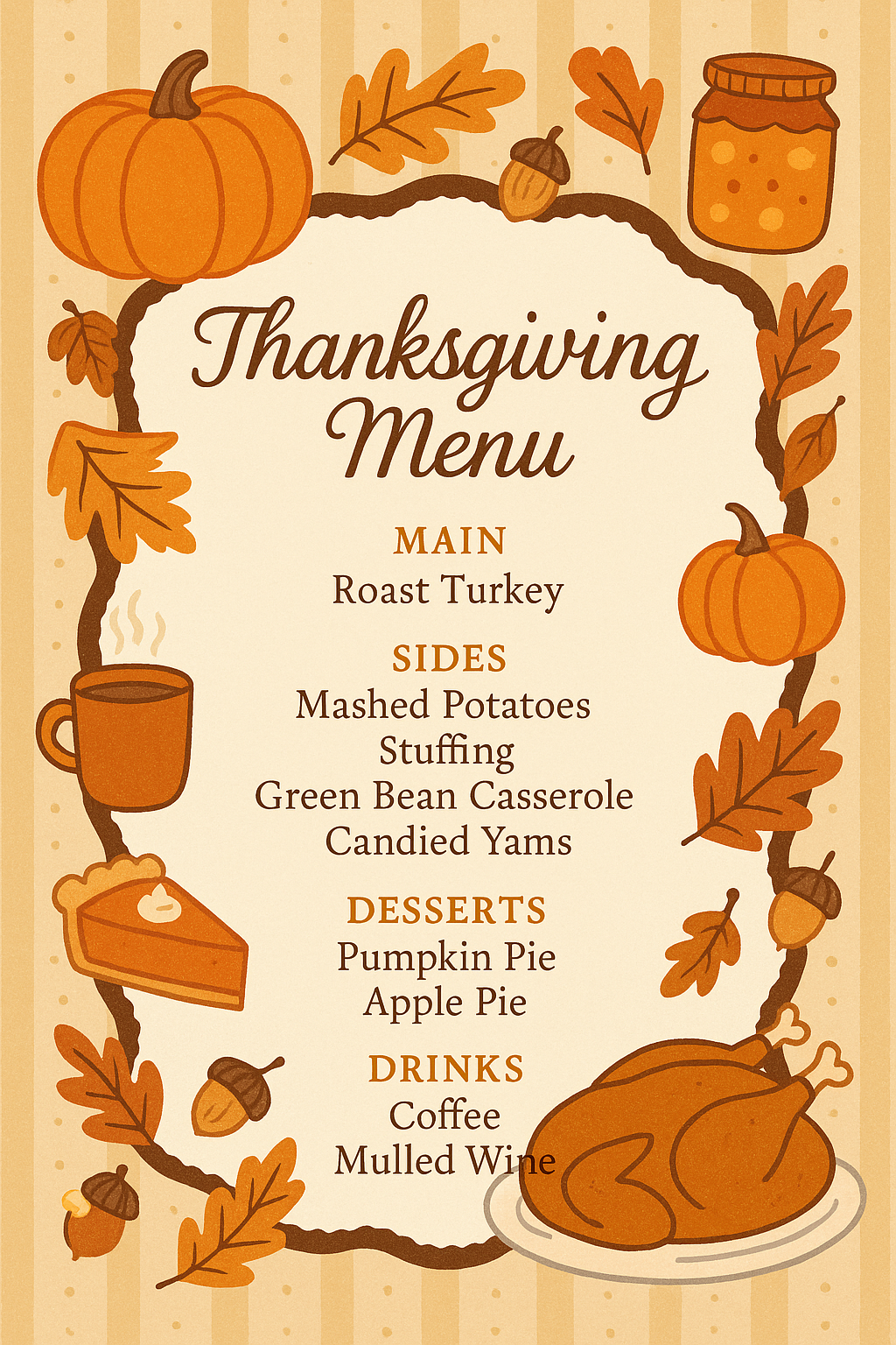 Playful Thanksgiving menu with illustrated food items and warm rustic tones