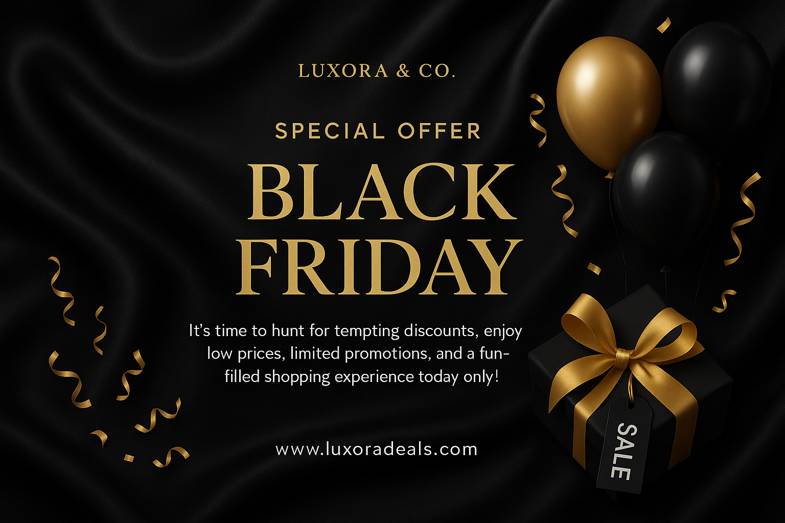 Luxurious black and gold Black Friday sale card with satin fabric and balloons