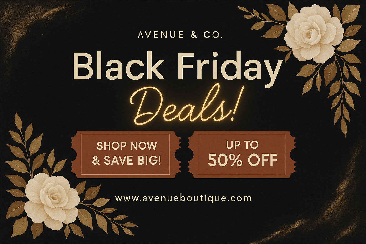 Elegant Black Friday deals card with floral accents and golden text