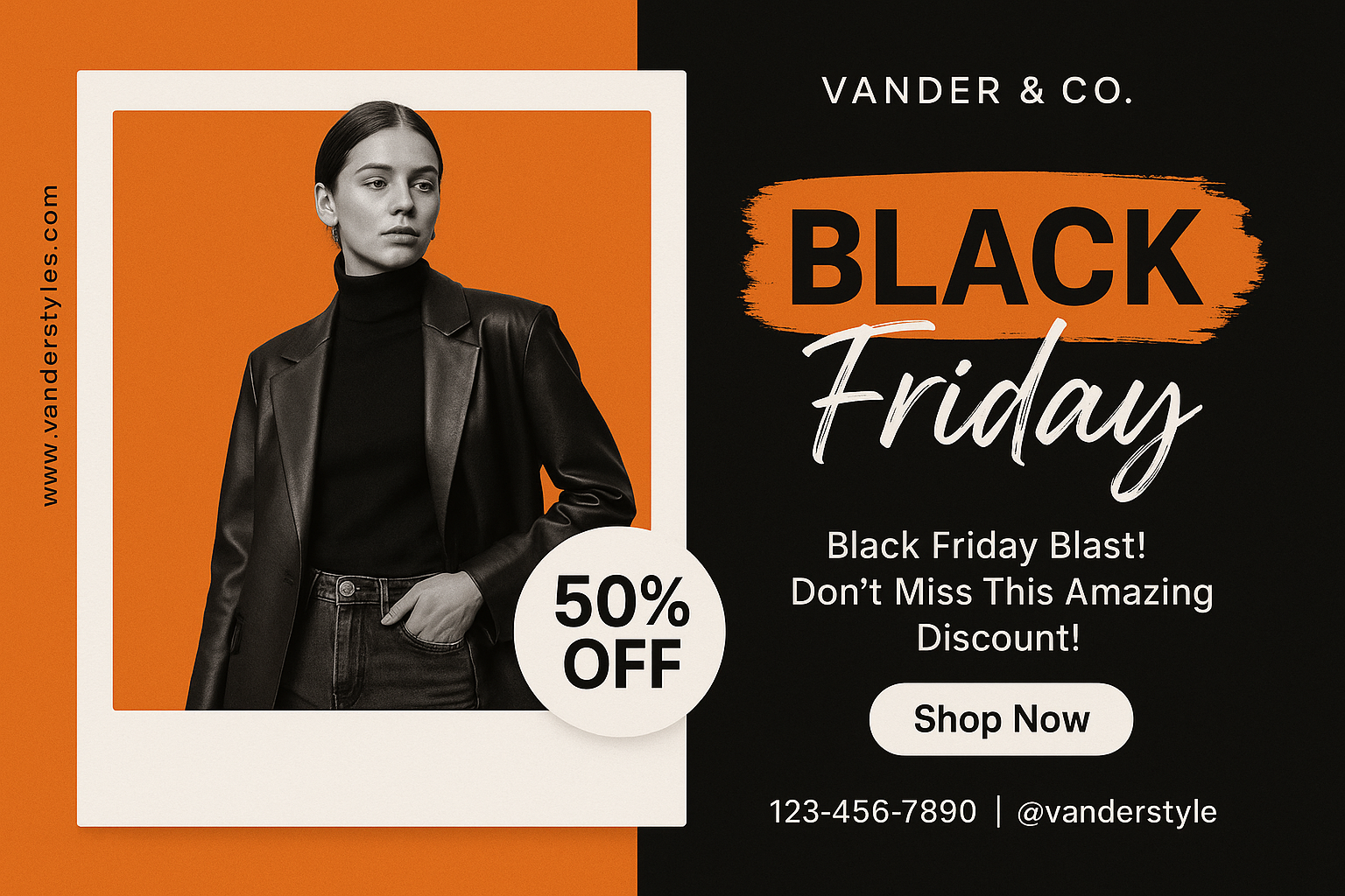 Modern fashion Black Friday card with orange brushstroke and model photo