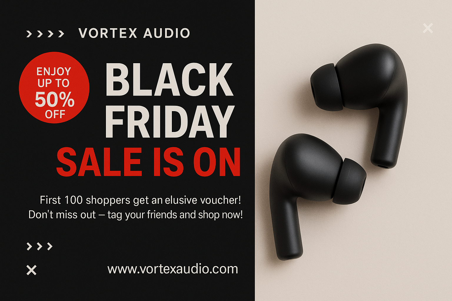 Tech Black Friday sale card with earbuds product photo and red accents