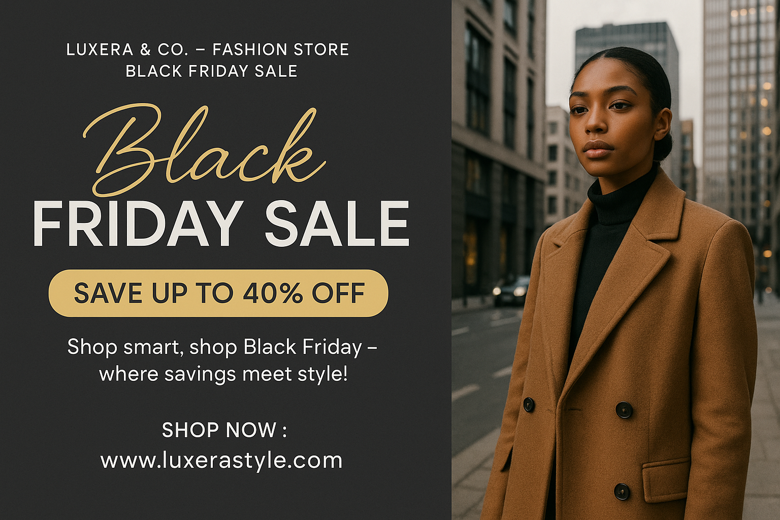 Fashion Black Friday sale card with model photo and elegant gold typography
