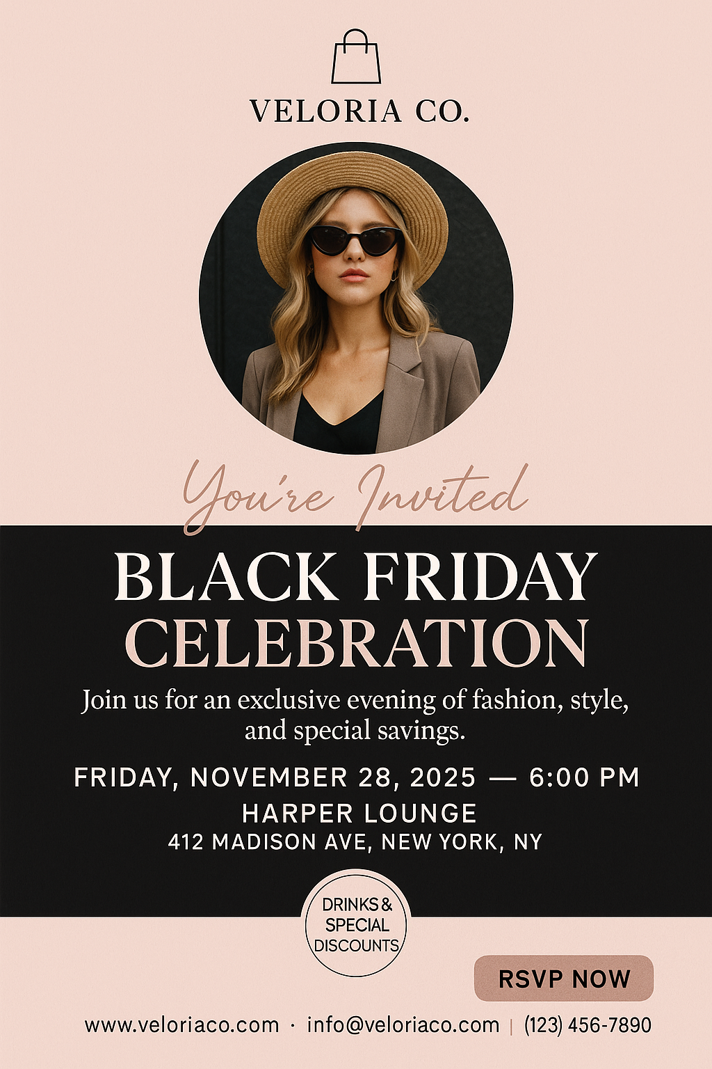 Chic Black Friday Invitation – blush pink fashion design with photo, Veloria Co. branding, RSVP button, and event details for Harper Lounge NYC