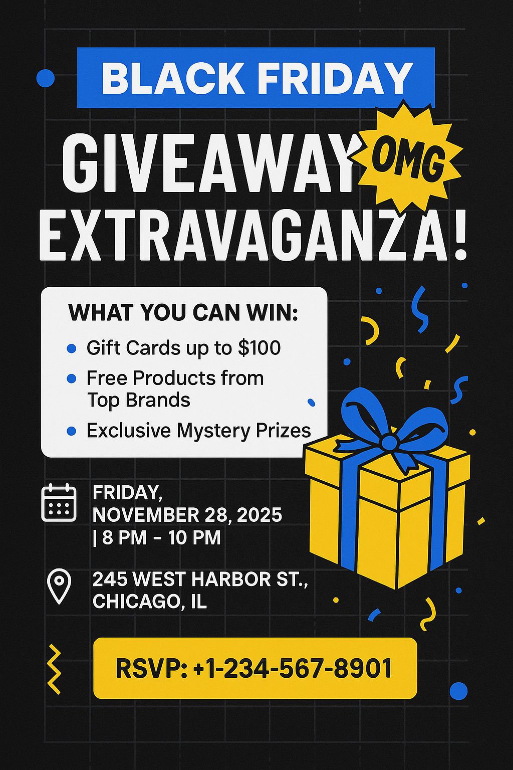 Black Friday Giveaway Extravaganza – 28 Nov 2025, Chicago, IL, bright and energetic design