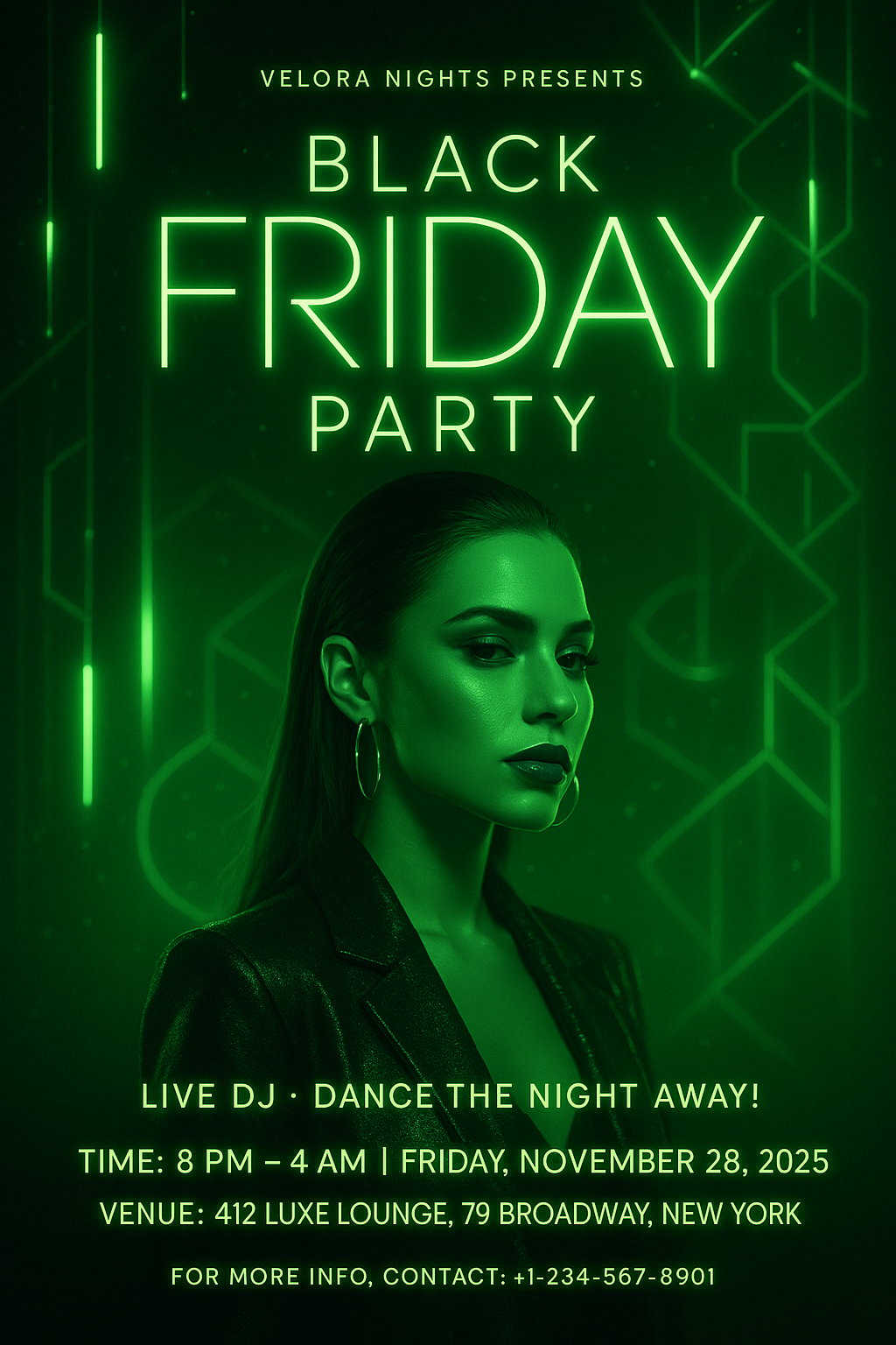 Futuristic Neon Black Friday Party Invitation – green and black club-style design with glowing typography and stylish woman at Luxe Lounge, NYC