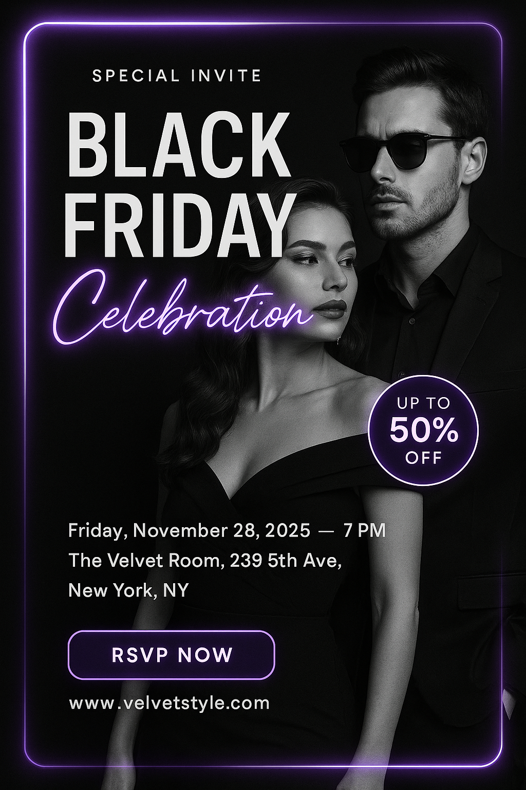 Black Friday Celebration – 28 Nov 2025, The Velvet Room, New York, purple neon luxury design