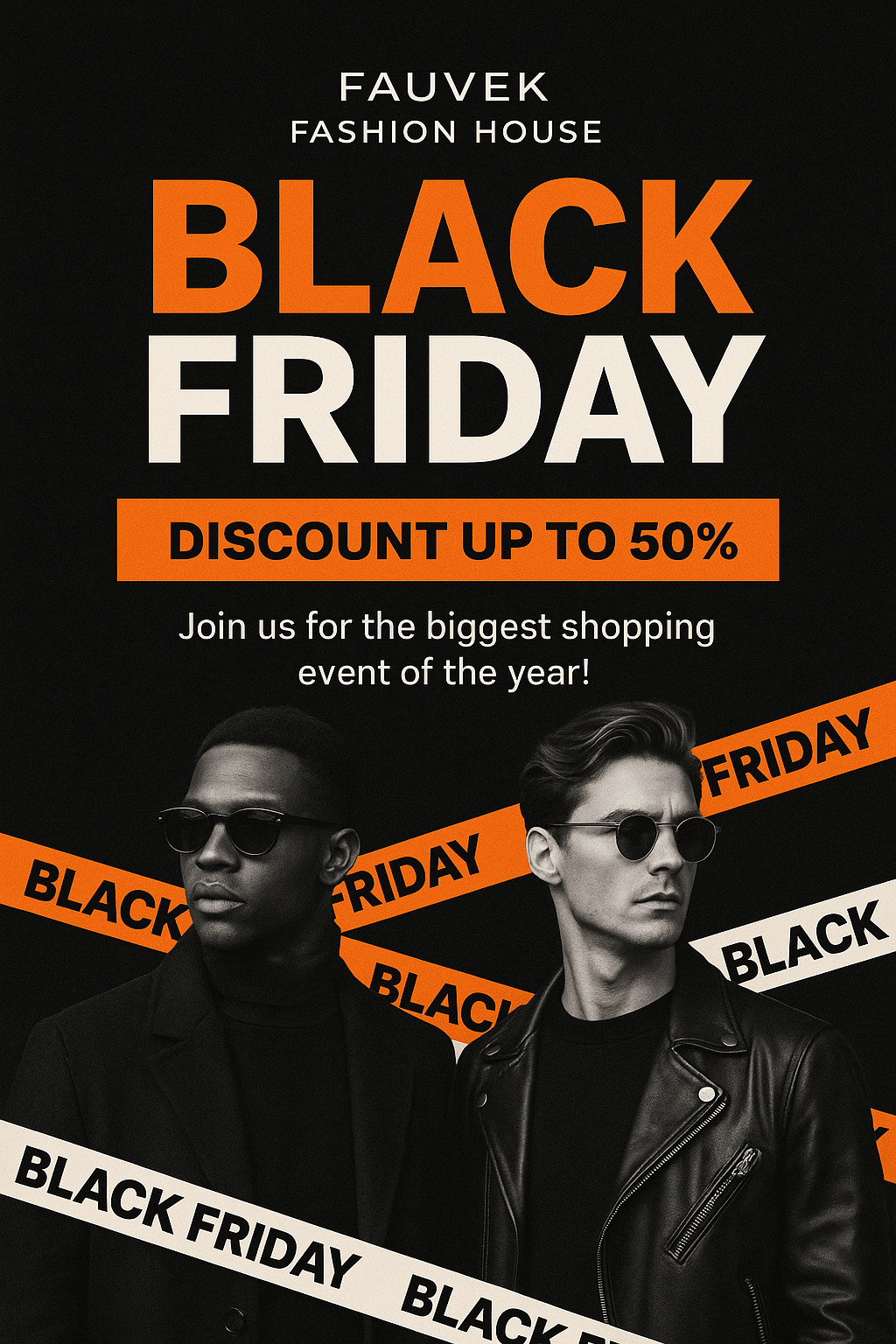 Black Friday Invitation – Fauvek Fashion House, 28 Nov 2025, modern orange-black fashion theme