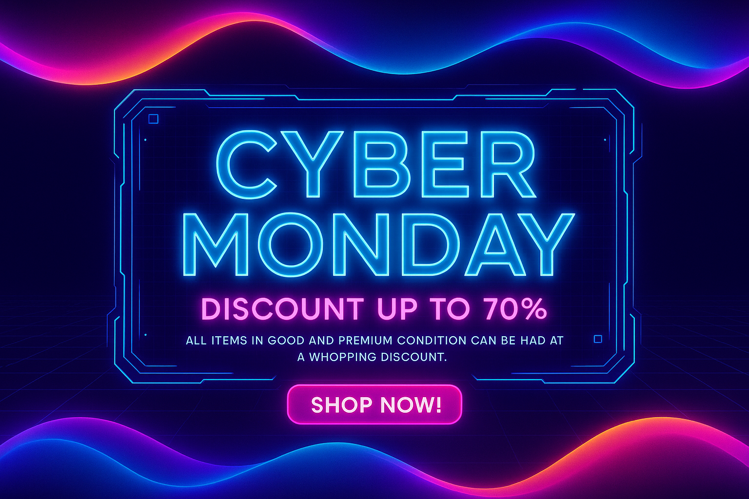 Cyber Monday Sale – Neon futuristic grid, purple-blue gradient, up to 70% off, shop now