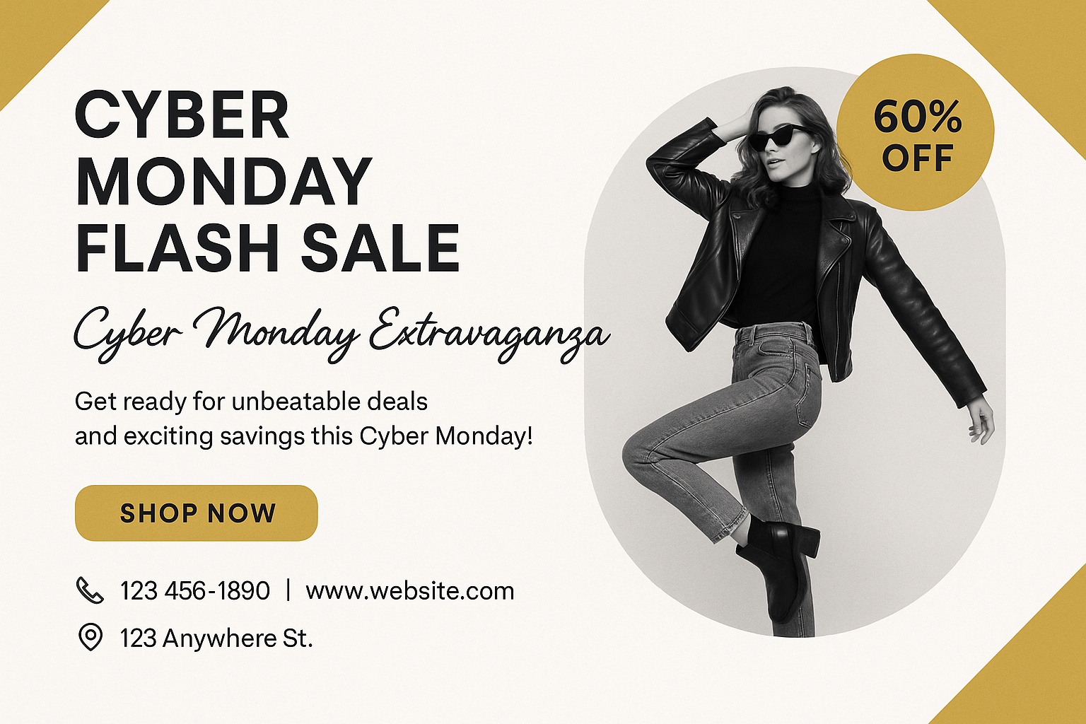 Cyber Monday Flash Sale – Minimal white and mustard design, 60% off, elegant layout