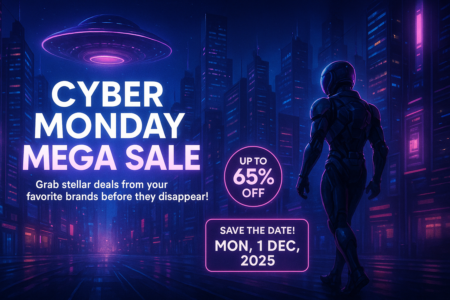 Cyber Monday Mega Sale – Neon cityscape, 65% off, 1 Dec 2025, futuristic theme