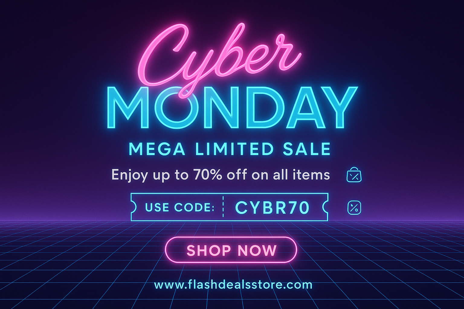 Cyber Monday Mega Limited Sale – Retro 80s neon pink and blue, up to 70% off, CYBR70 promo