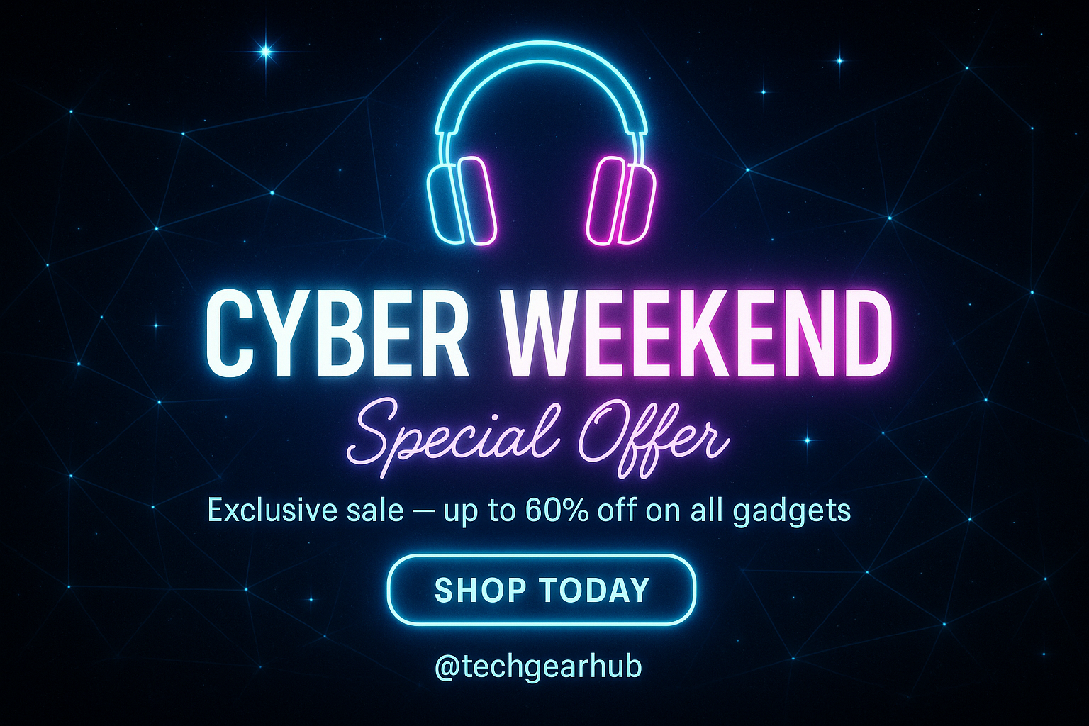 Cyber Weekend Special Offer – Neon headphones, 60% off, @techgearhub, cyberpunk glow