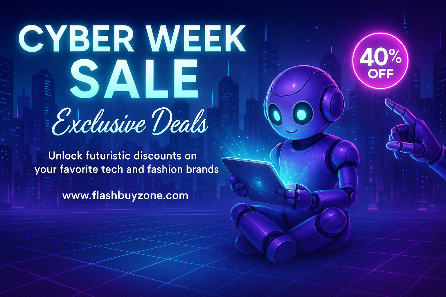Cyber Week Sale – Neon cityscape, purple robot, 40% off, futuristic glow, flashbuyzone.com