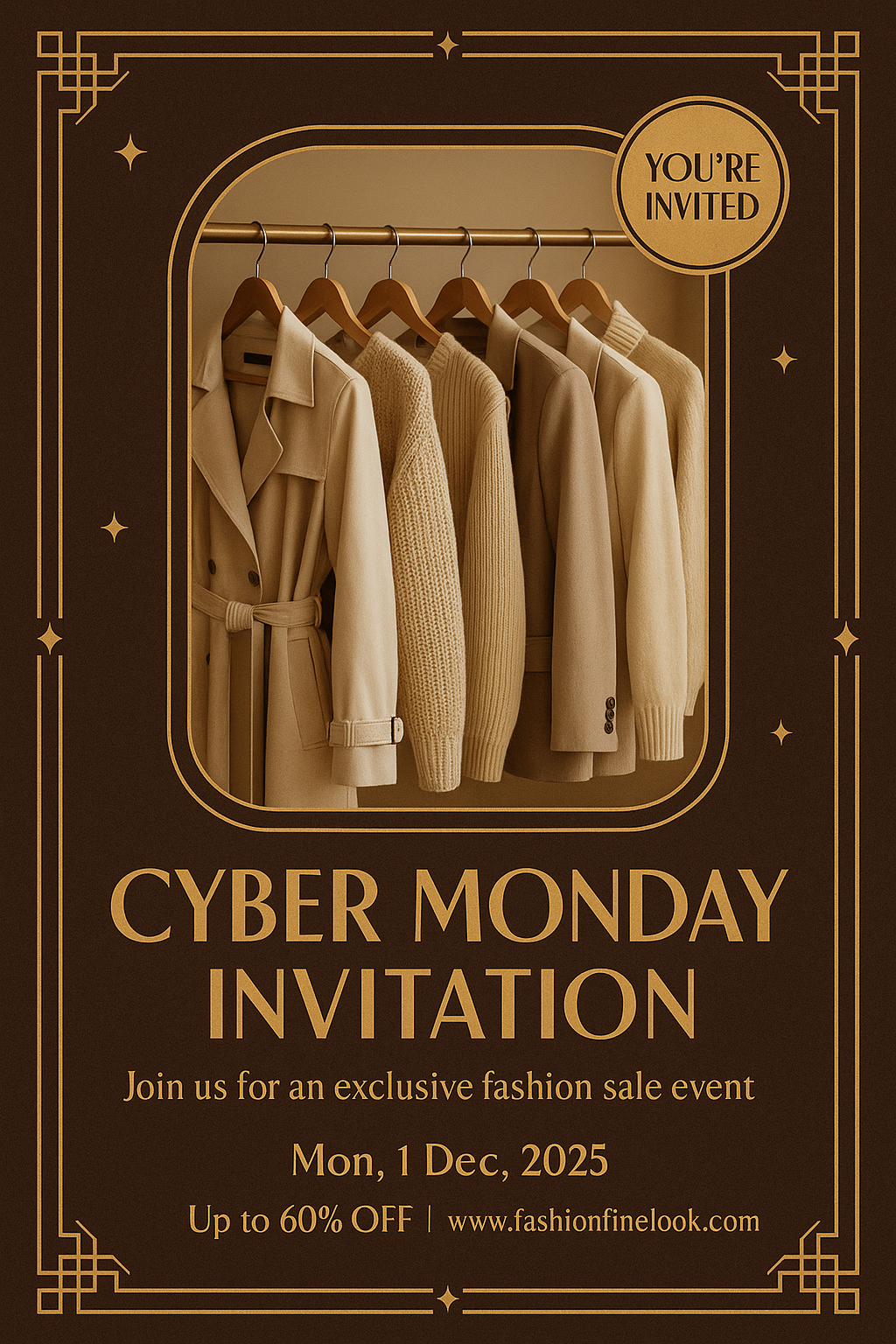 Art-Deco Cyber Monday Invitation – gold borders, brown luxury fashion theme, exclusive boutique event announcement