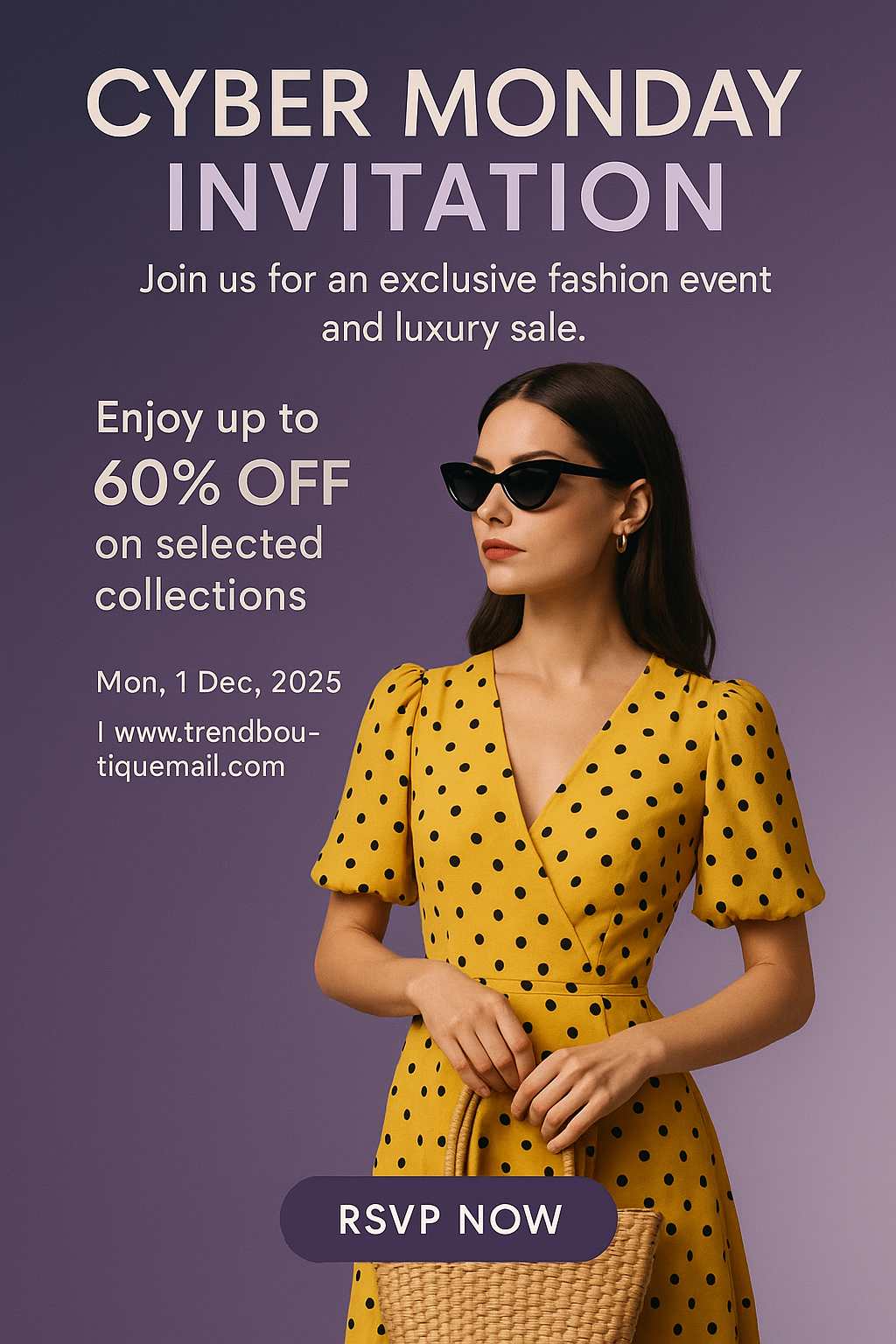 Cyber Monday Invitation – fashion theme, yellow dress, up to 60% off, www.trendboutiquemall.com