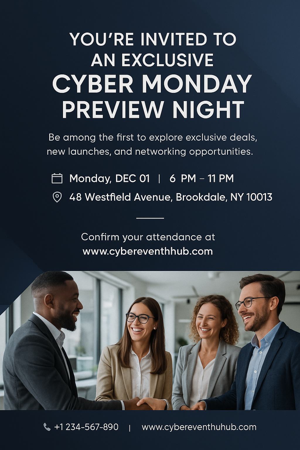 Corporate Cyber Monday Preview – navy blue modern invitation, Dec 1, 6–11 PM, www.cybereventhub.com