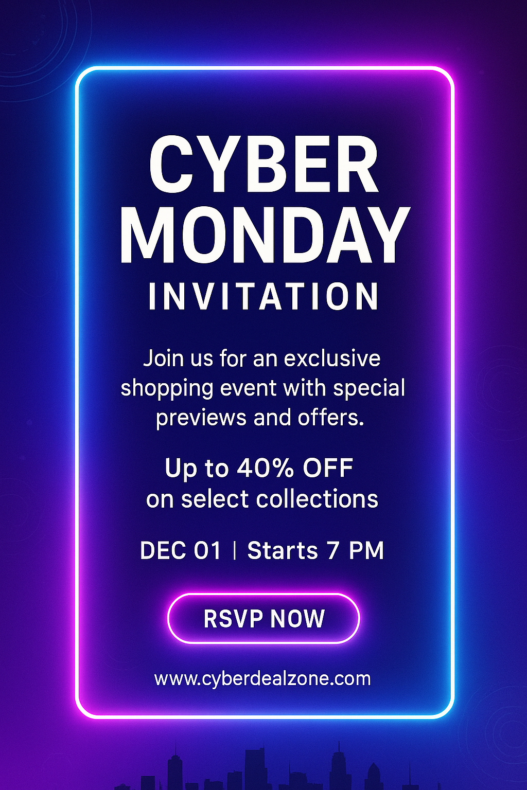 Cyber Monday Invitation – neon purple-blue gradient, 40% off, www.cyberdealzone.com