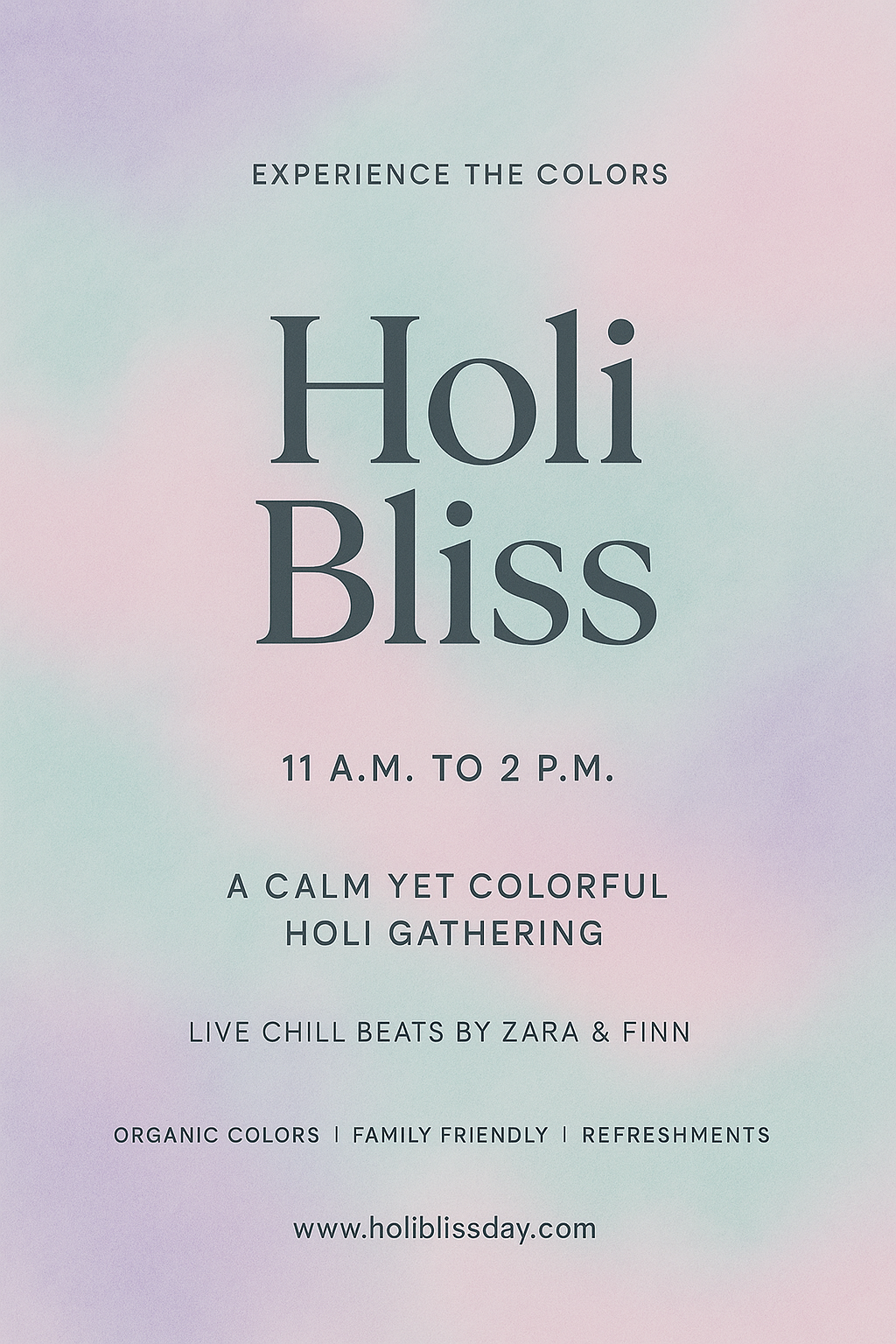 Full-bleed portrait Holi Bliss poster — pastel gradients, soft colors, and minimalist design for a calm Holi event.