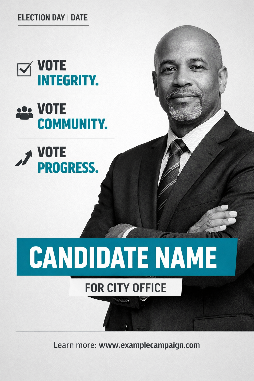 Modern civic campaign poster — monochrome candidate portrait with blue highlight typography.