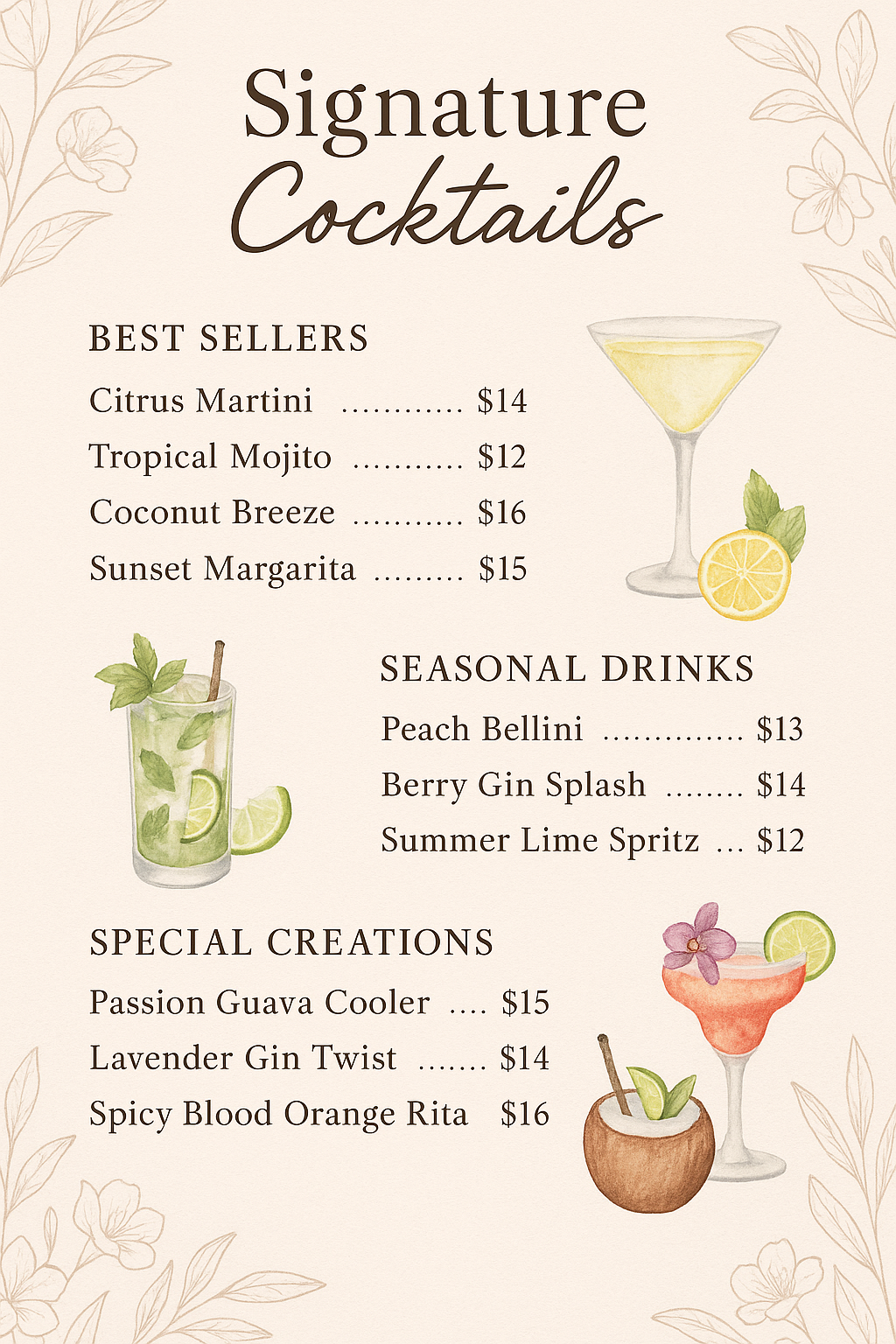 Full-bleed portrait cocktail menu — Signature Cocktails in beige pastel with botanical corners and watercolor drinks.