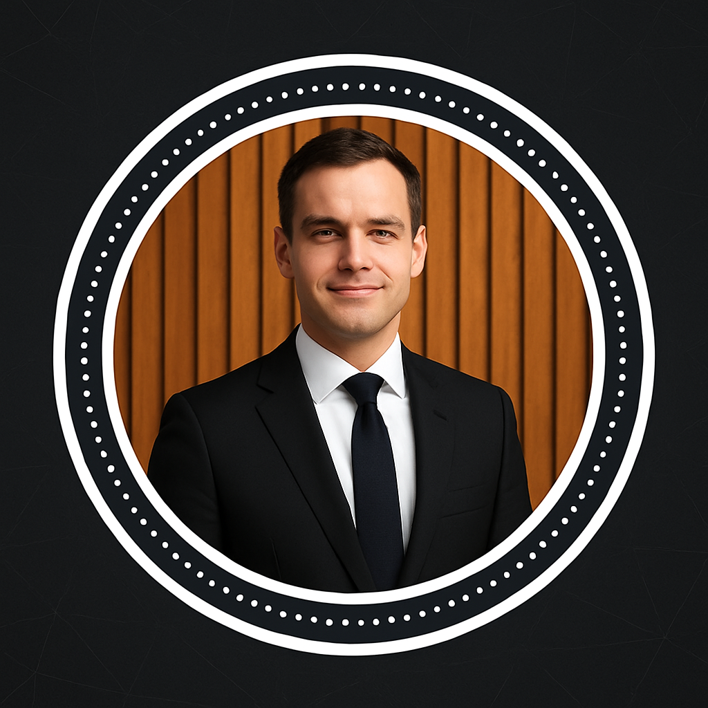 Corporate-style circular business portrait — suit, wooden background, dotted frame, modern professional layout.