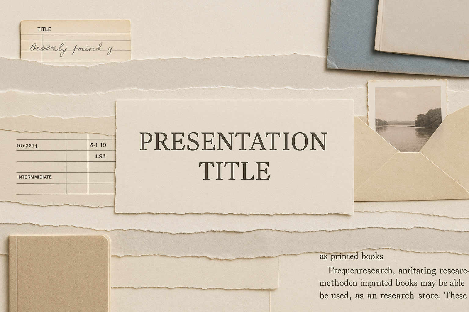 Realistic paper collage presentation cover — layered torn papers, archival details, soft neutral academic look.