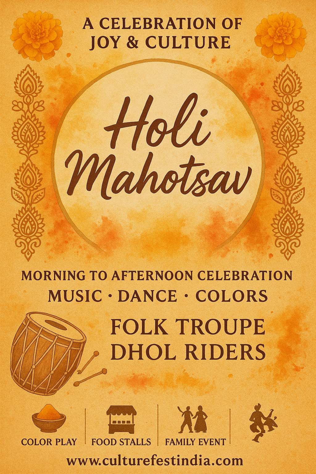 Full-bleed portrait Holi Mahotsav poster — traditional Indian festival with marigolds, rangoli, and dhol elements.