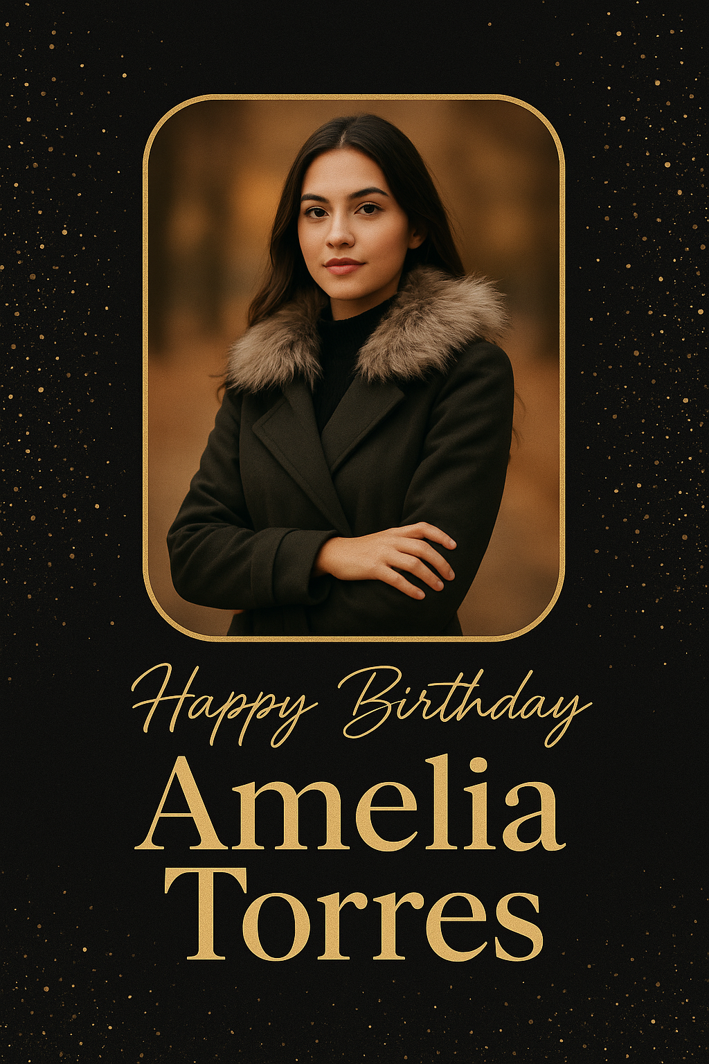 Elegant golden birthday poster with portrait photo and personalized name