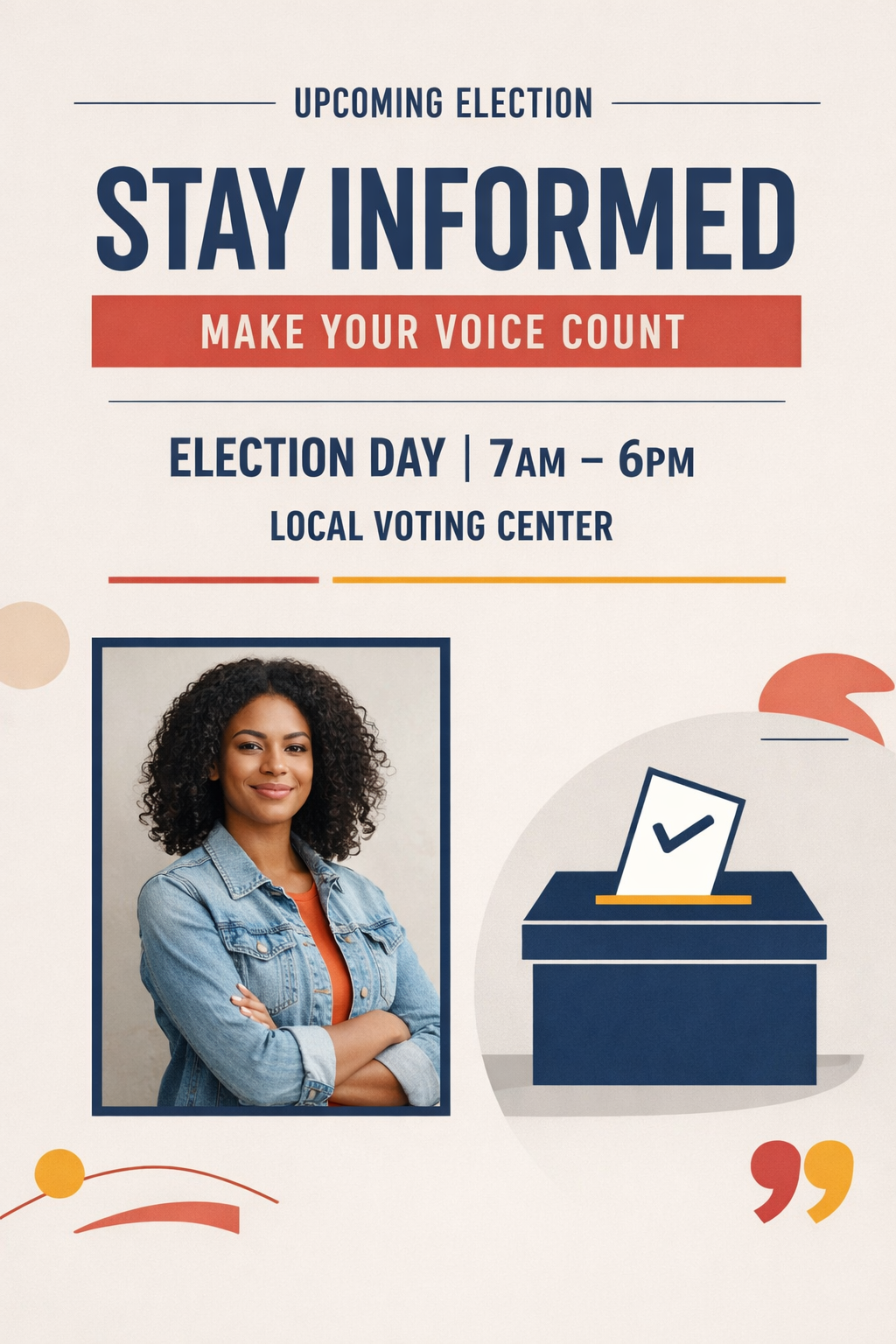 Voter education poster — Stay Informed, minimalist civic layout with ballot box illustration.