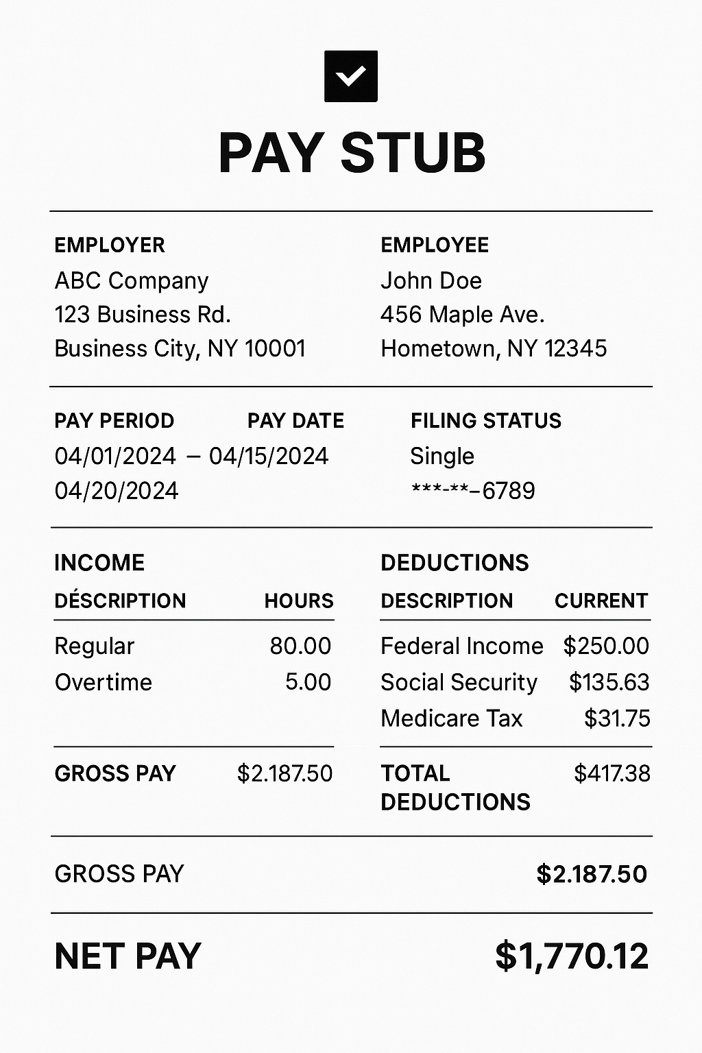 Corporate pay stub document, structured tables, clean white layout.