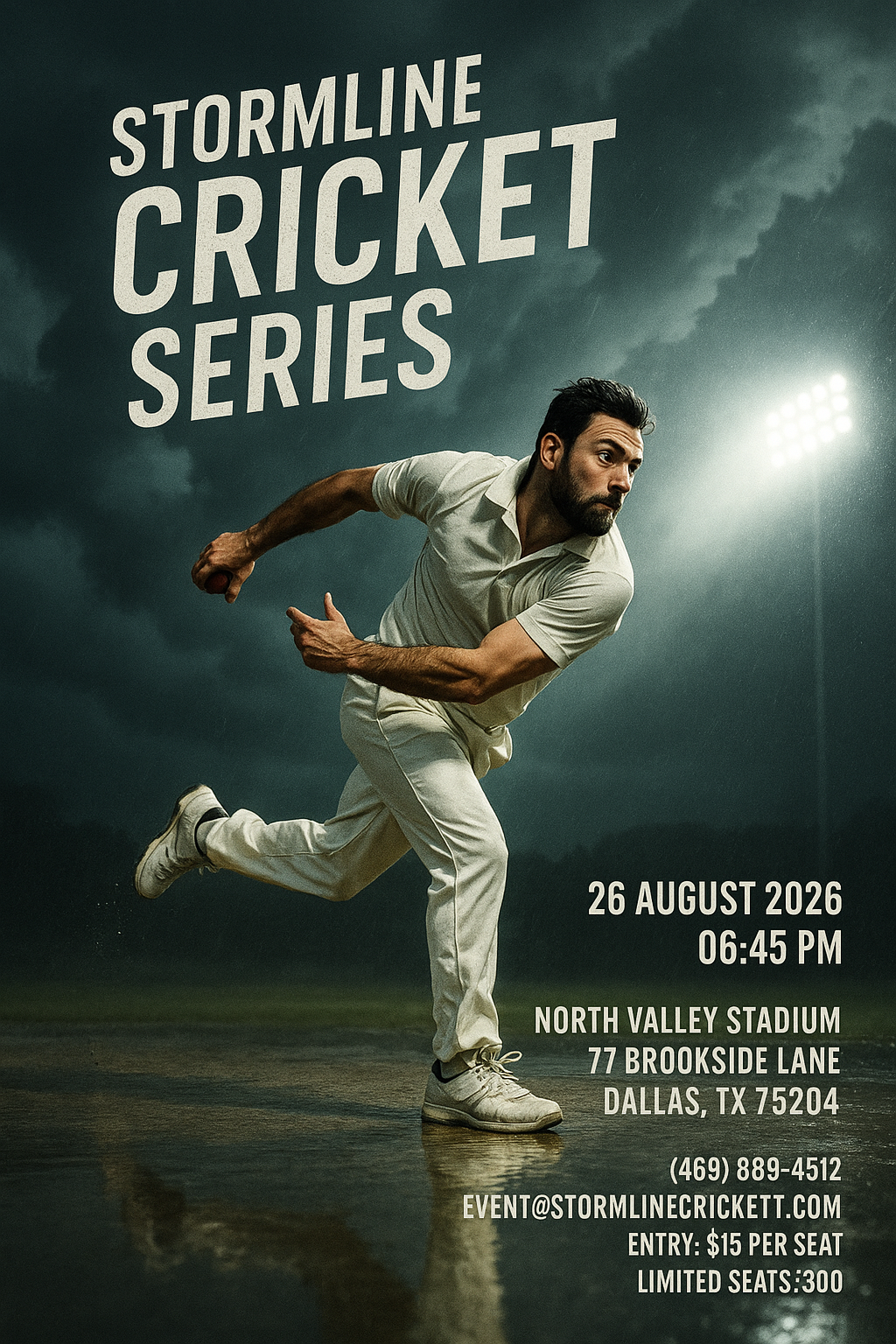 Full-bleed portrait cricket poster – Stormline Cricket Series, bowler action in storm-lit teal and grey stadium.