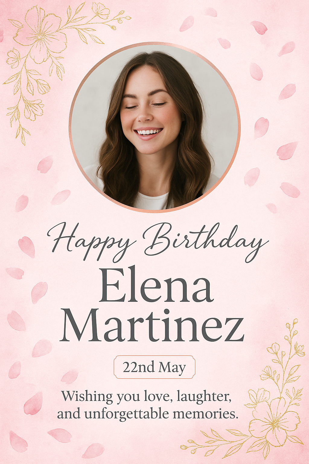 Feminine floral pink birthday poster with portrait and decorative elements