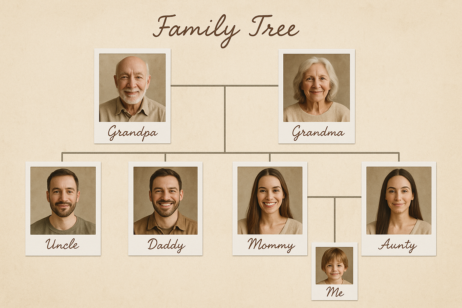 Vintage beige family tree — Polaroid photo frames, cursive labels, soft watercolor scrapbook style.
