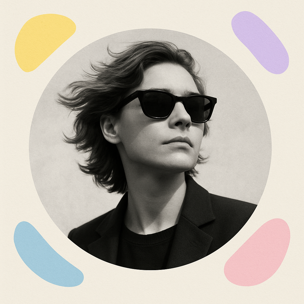 Stylish black-and-white portrait with pastel abstract circle background — modern social media display picture.