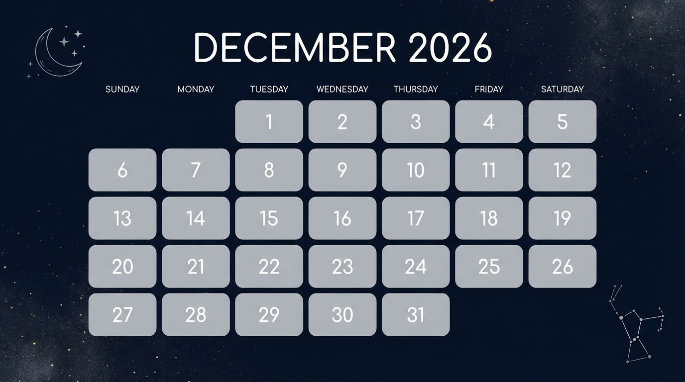 December 2026 landscape calendar — midnight-blue starry theme, moon details, elegant minimal layout.