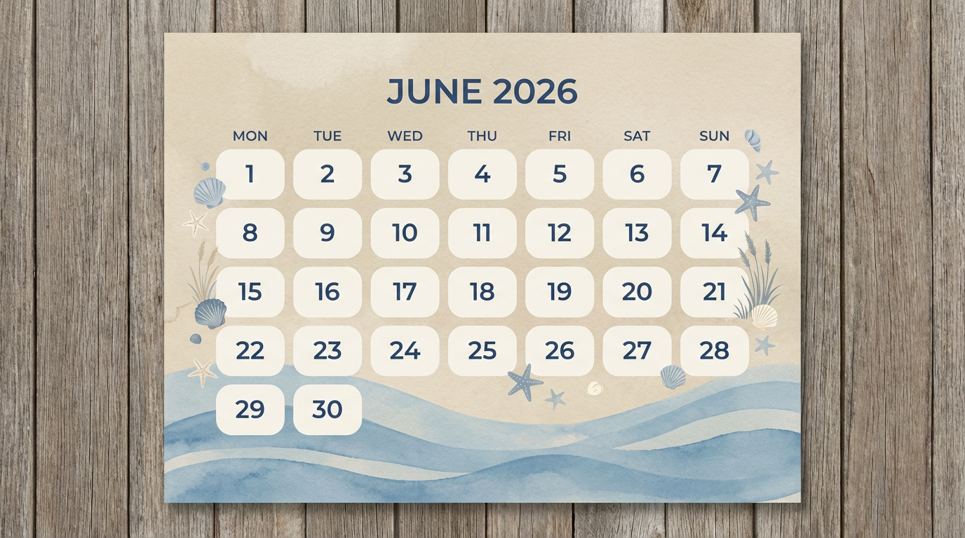 June 2026 landscape calendar — coastal theme, beige and blue wave design, calm minimal summer layout.