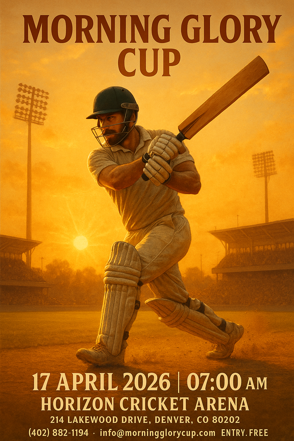 Full-bleed portrait cricket poster – Morning Glory Cup, sunrise stadium with batsman swinging, cinematic golden light.