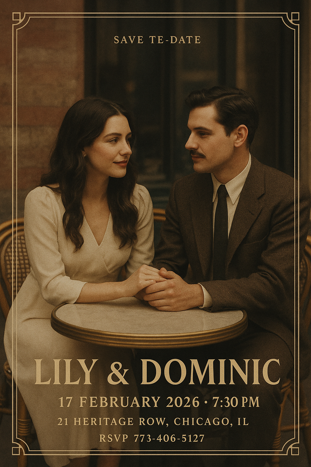 Full-bleed portrait retro wedding save-the-date card – Lily & Dominic, vintage café terrace with art-deco border and classic typography