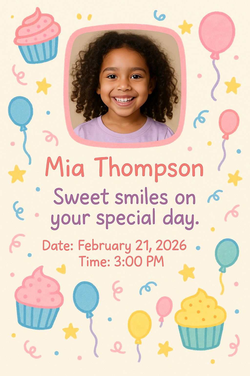 Full-bleed portrait birthday card — pastel doodles, pink photo frame, playful child birthday design.