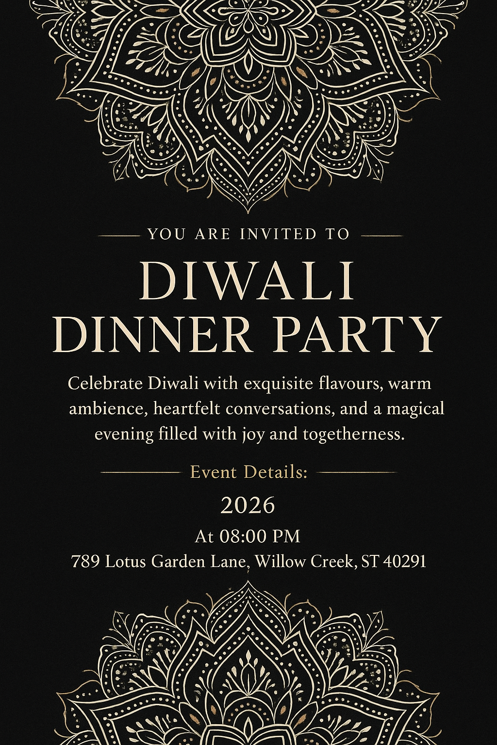 Diwali dinner party invitation — black background, gold accents, mandala artwork, premium festive design.